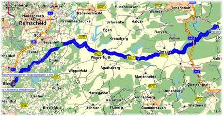 Von Altenberg nach Herscheid - Von Treffpunkt eins zu Treffpunkt zwei!     -    (Kartenauschnitt mit freundlicher Genehmigung der MAP&GUIDE GmbH aus dem "Motorrad Tourenplaner 2002/2003" entnommen!)